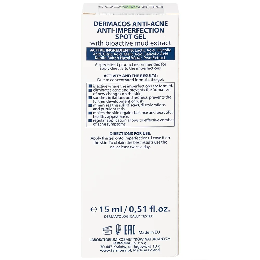 Hình ảnh Gel chấm mụn chứa bùn hoạt tính Dermacos Anti-Ance Anti Imperfection Spot Gel giảm và ngăn ngừa mụn (15ml)