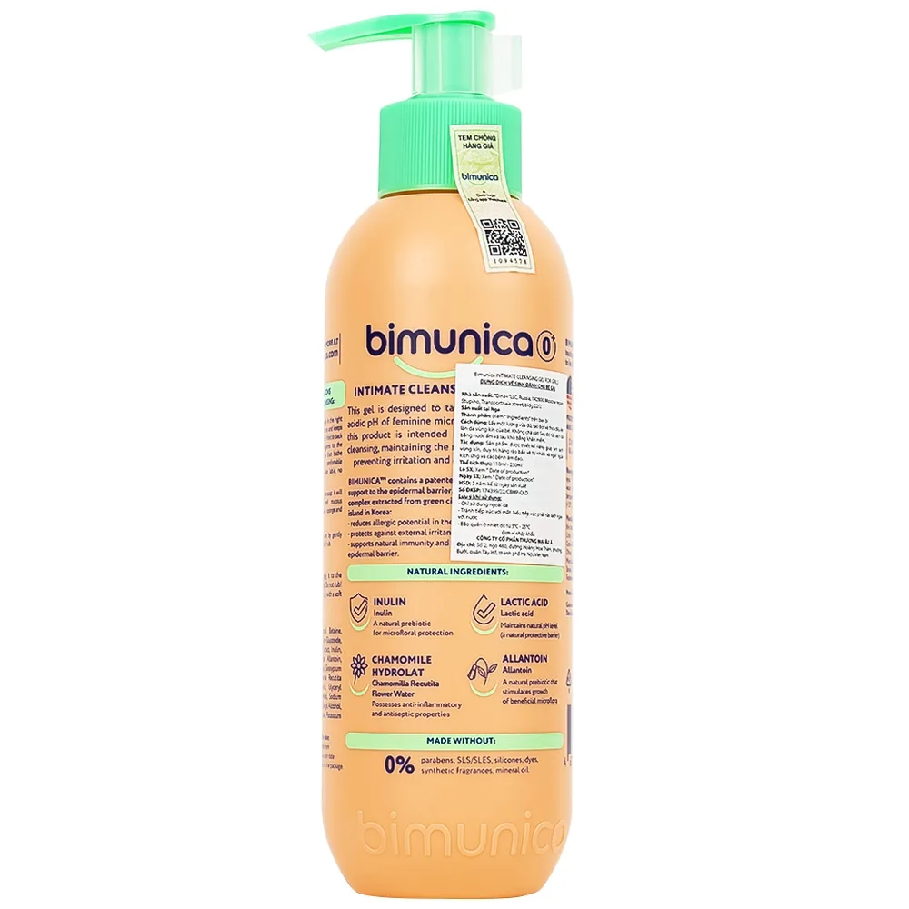 Hình ảnh Dung dịch vệ sinh vùng kín Bimunica 250ml dành cho bé gái từ 0 tháng tuổi 