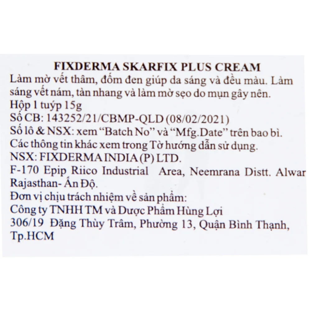 Hình ảnh Kem làm sáng da Skarfix-Plus Cream Fixderma mờ vết thâm, đốm đen (15g)