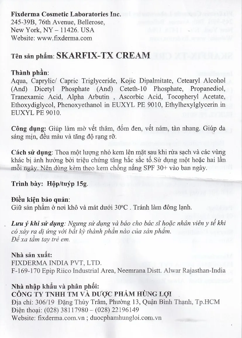Hình ảnh Kem Fixderma Skarfix-TX Cream hỗ trợ làm mờ vết thâm, đốm đen, nám (15g)