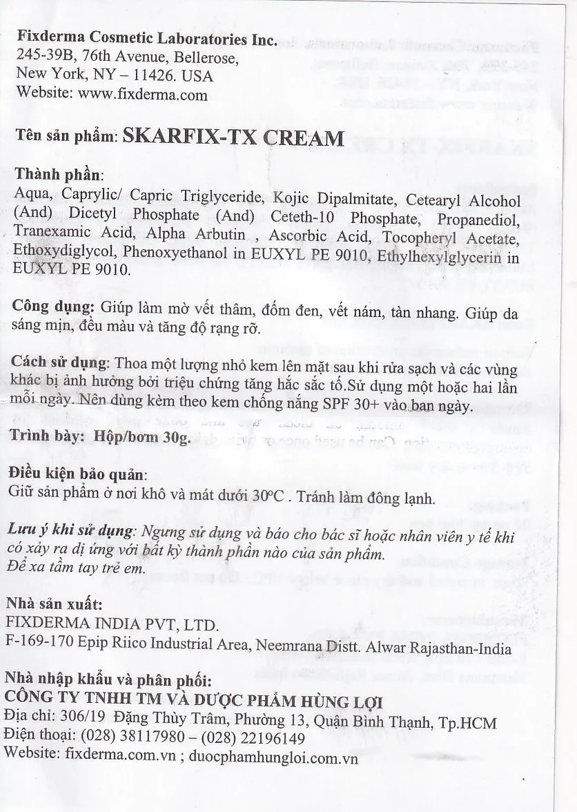 Hình ảnh Kem Fixderma Skarfix-TX Cream hỗ trợ làm mờ vết thâm, đốm đen, nám (30g)