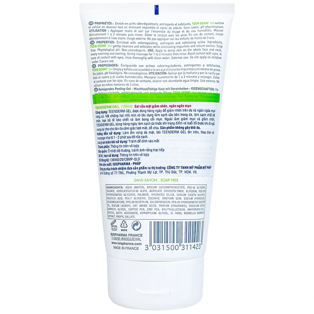 Hình ảnh Gel rửa mặt Isis Pharma Teen Derm Gel hỗ trợ giảm nhờn trên da và ngăn ngừa mụn trứng cá (150ml)