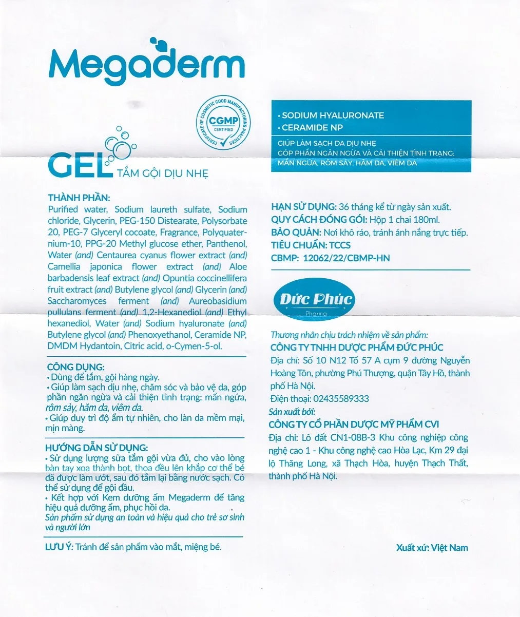 Hình ảnh Gel tắm gội dịu nhẹ Megaderm CVI Đức Phúc Pharma làm sạch dịu nhẹ, chăm sóc và bảo vệ da (180ml)