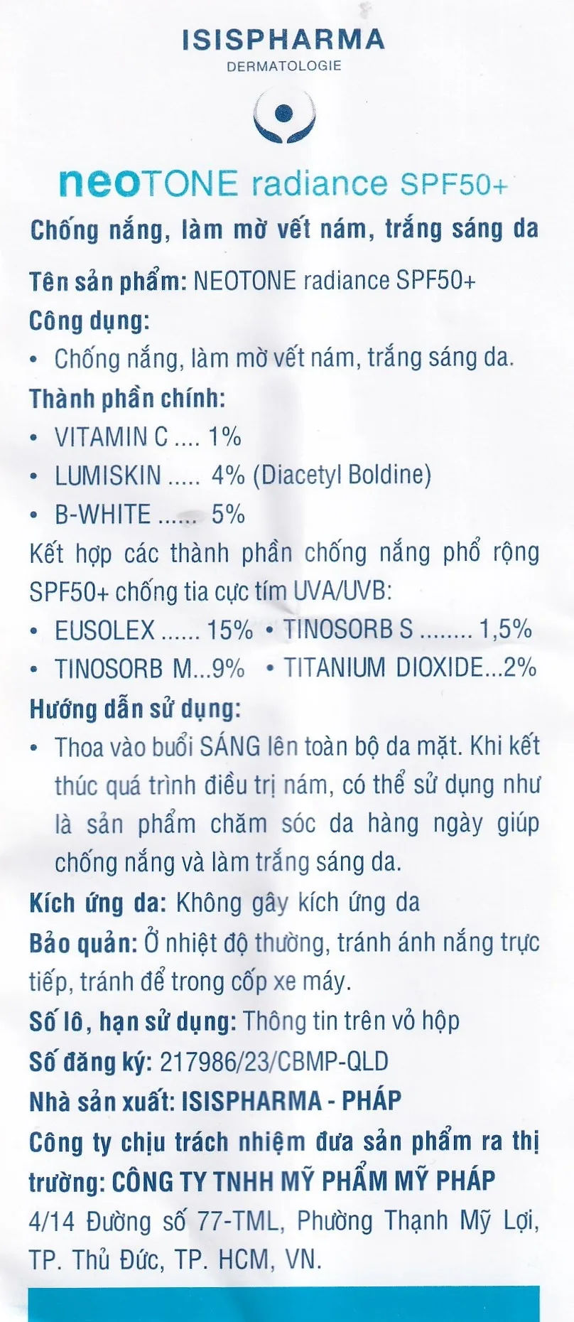 Hình ảnh Kem chống nắng Isis Pharma Neotone Radiance SPF 50+ dưỡng trắng, mờ nám, phục hồi da (30ml)