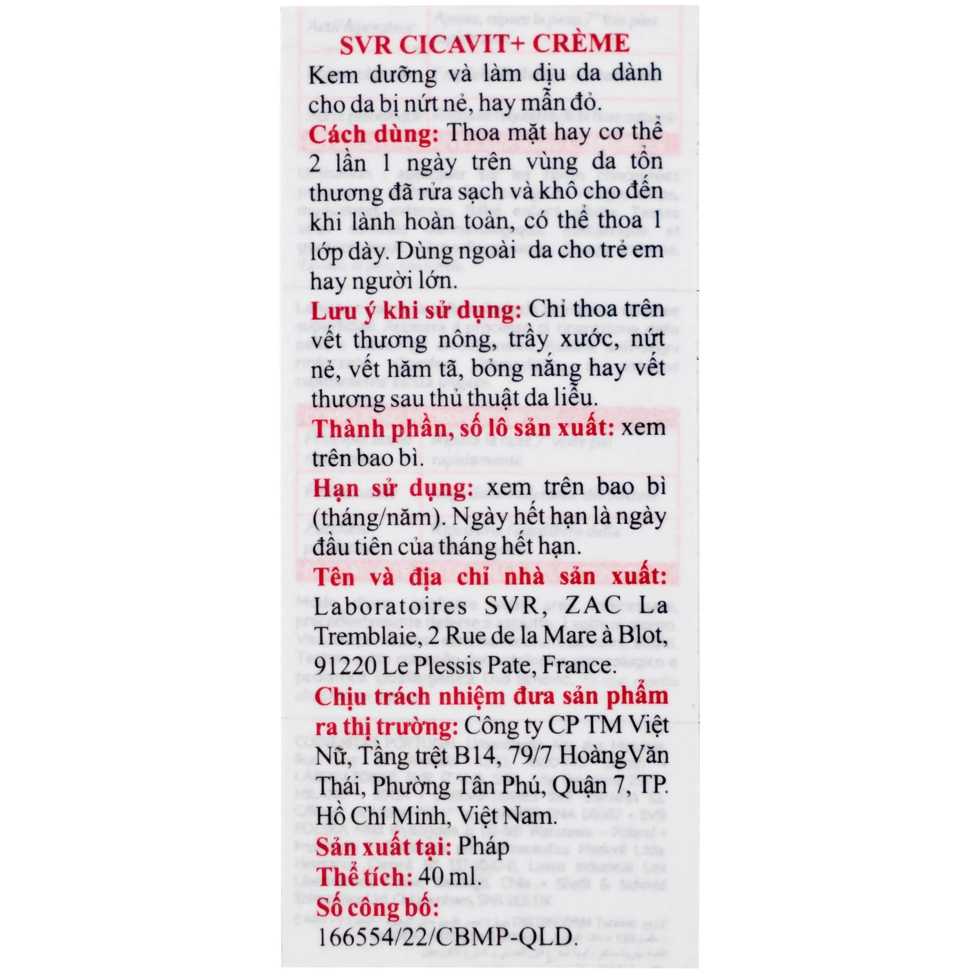 Hình ảnh Kem bôi SVR Cicavit+ Creme dưỡng ẩm và làm dịu cho các trường hợp khô da, mẩn đỏ (40ml)
