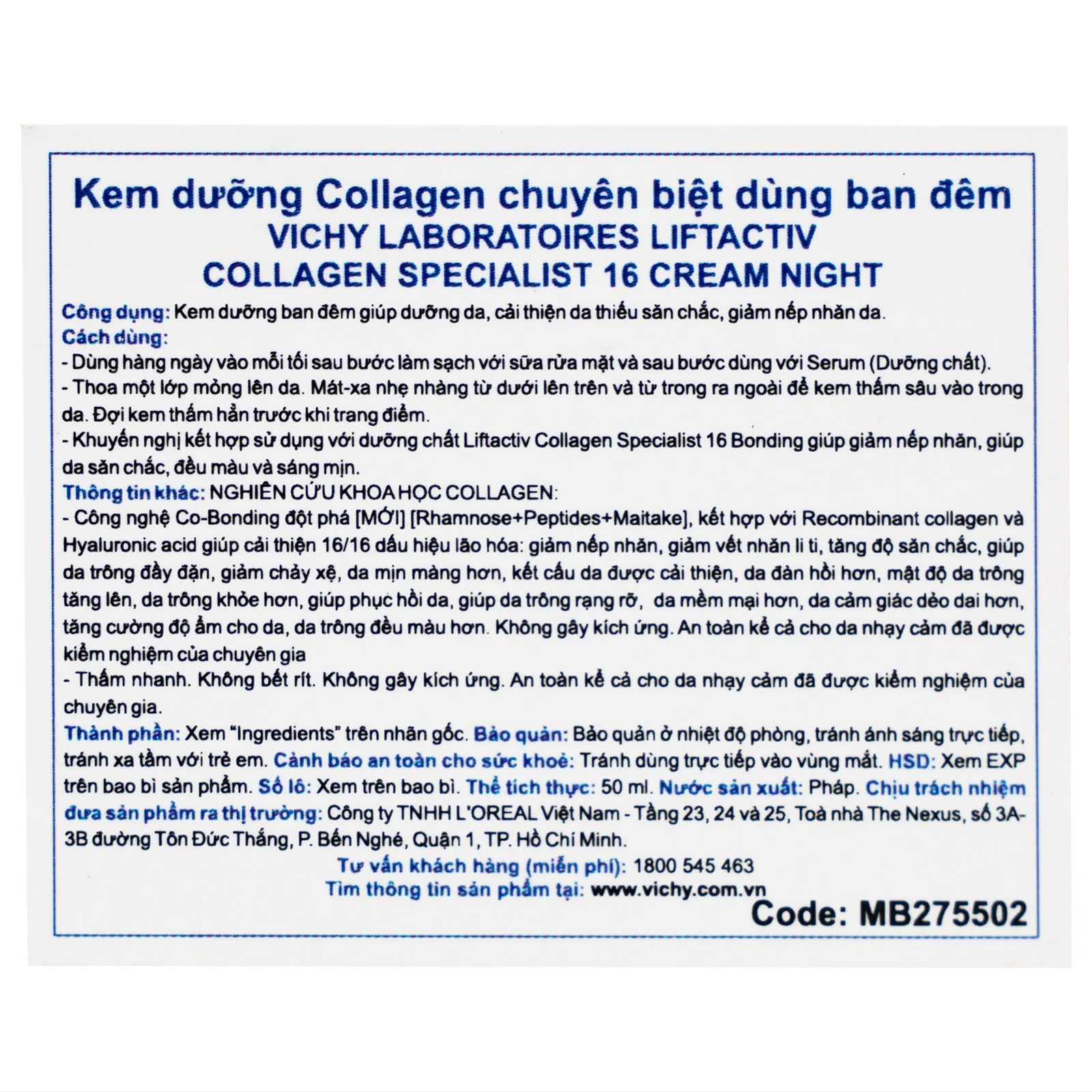 Hình ảnh Kem bôi Vichy Liftactiv Collagen Specialist Night dưỡng sáng, ngừa lão hóa (50ml)