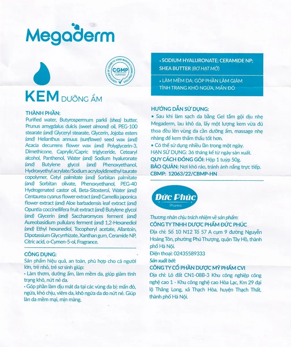 Hình ảnh Kem dưỡng ẩm Megaderm 50g CVI Pharma dưỡng ẩm, làm mềm da, giúp giảm tình trạng khô, nứt nẻ da (1 hộp x 1 chai)