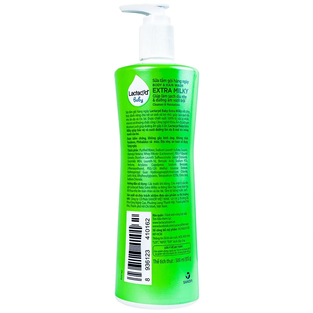 Hình ảnh Sữa tắm gội hàng ngày Body And Hair Wash Lactacyd Baby Extra Milky sạch dịu nhẹ, dưỡng ẩm vượt trội (500ml)