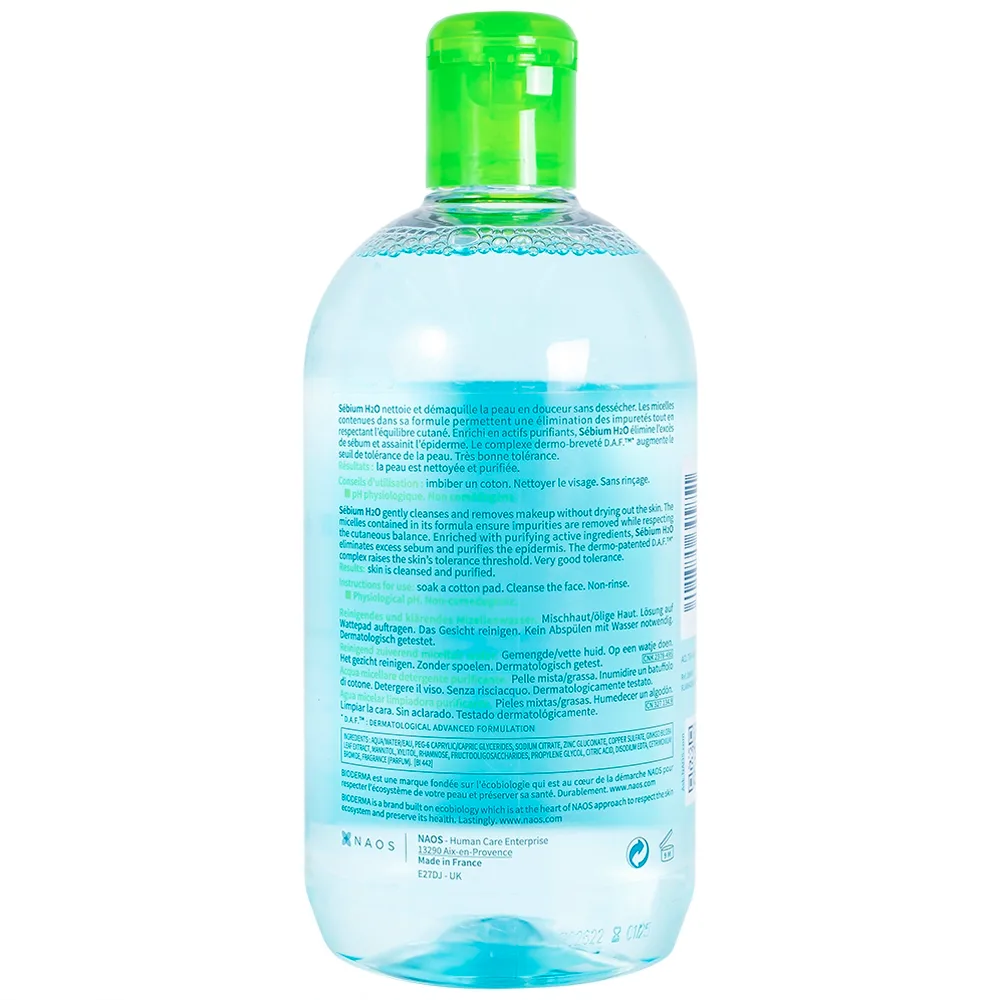 Hình ảnh Dung dịch Bioderma Sebium H2O dạng hạt mixen (micelle) dùng tẩy trang dành cho da hỗn hợp, da dầu (500ml)