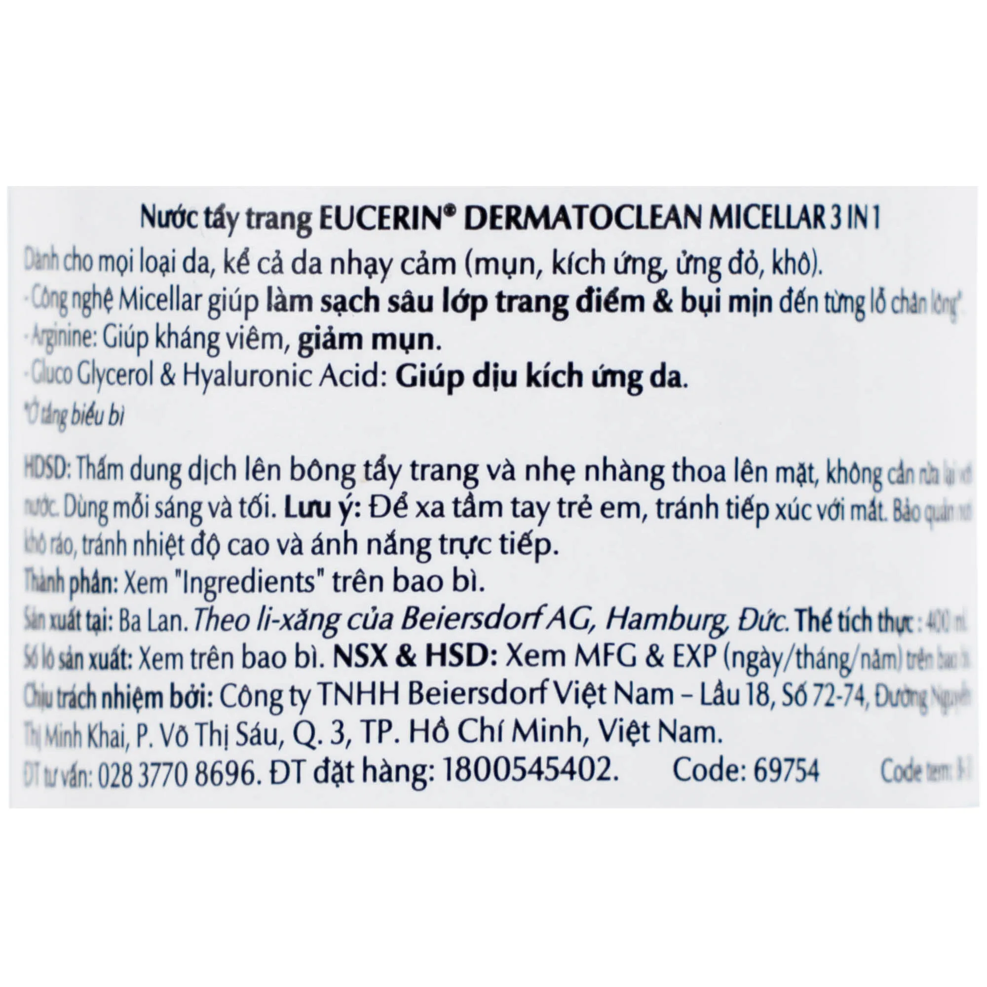 Hình ảnh Nước tẩy trang Eucerin Dermato Clean Micellar 3 in 1 dành cho da nhạy cảm (400ml)