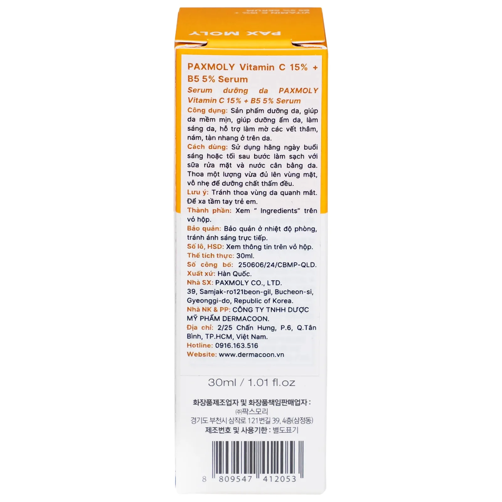 Hình ảnh Serum Pax Moly Vitamin C 15% + B5 5% (Orange) giúp dưỡng ẩm, làm sáng da, làm mờ các vết thâm (30ml)