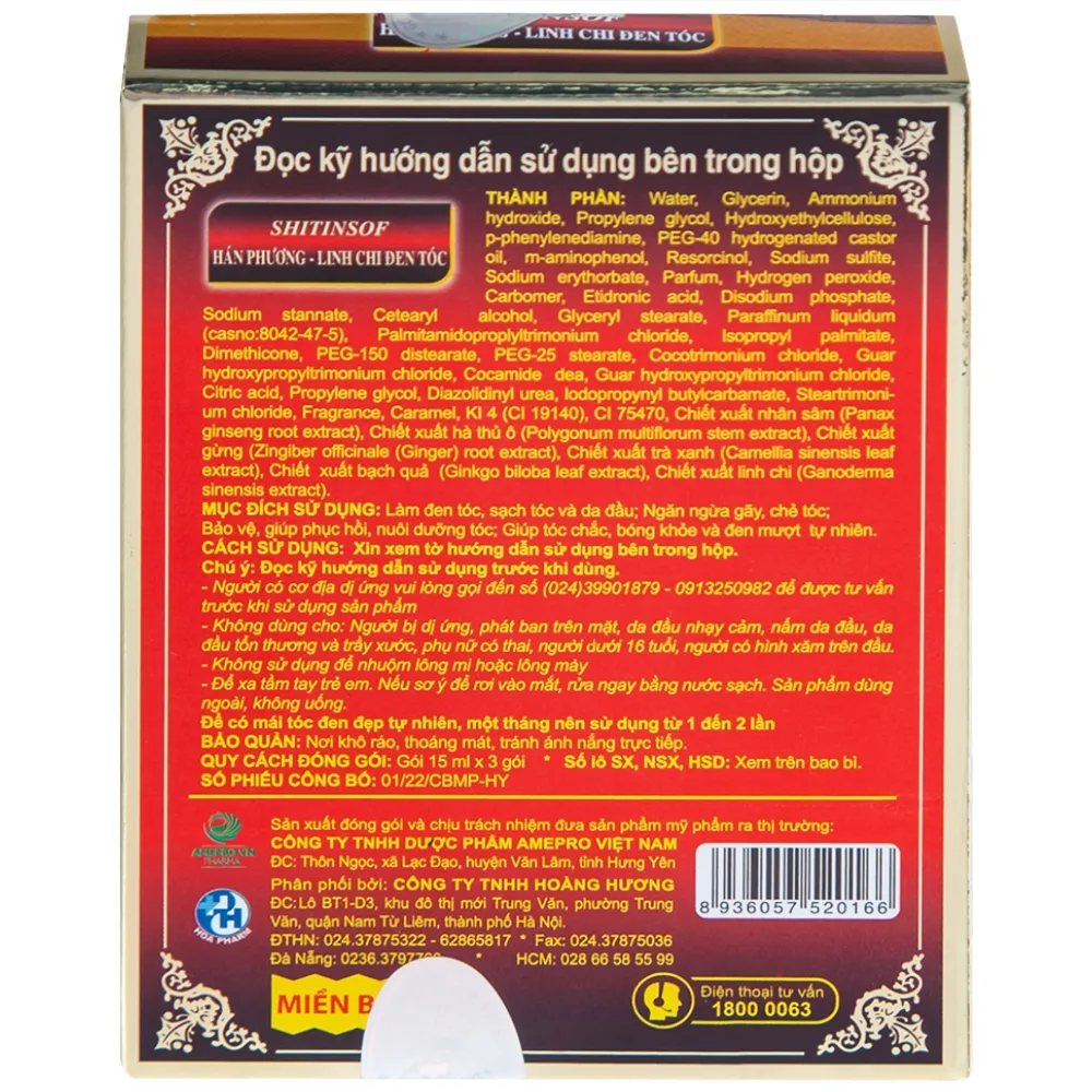 Hình ảnh Dầu gội Shitinsof Hán Phương - Linh Chi Đen Tóc Danh Nhân Đường 15ml nhuộm đen và dưỡng tóc (3 gói)