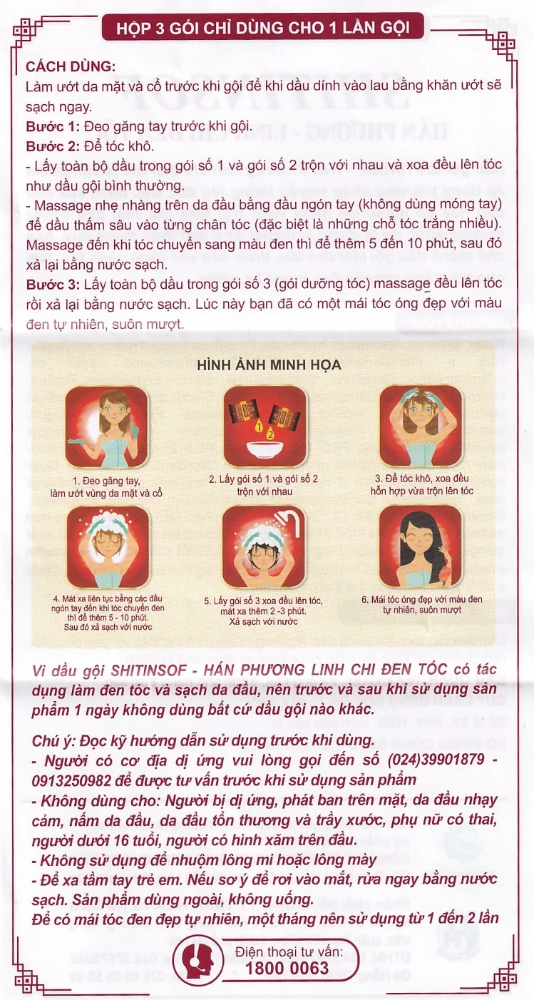 Hình ảnh Dầu gội Shitinsof Hán Phương - Linh Chi Đen Tóc Danh Nhân Đường 15ml nhuộm đen và dưỡng tóc (3 gói)
