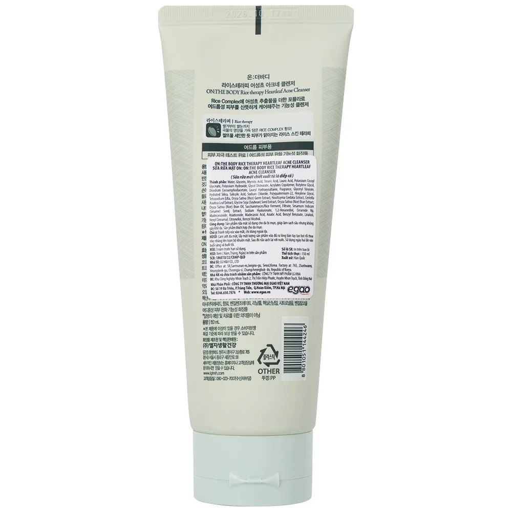 Hình ảnh Sữa rửa mặt On: The Body Rice Therapy Heartleaf Acne Cleanser làm sạch sâu không gây khô da (150ml)