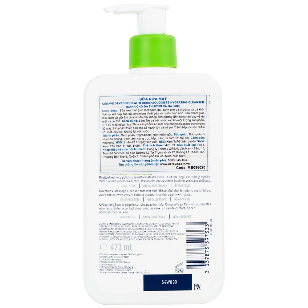 Hình ảnh Sữa rửa mặt làm sạch sâu Cerave Developed With Dermatologists Hydrating Cleanser 473ml dành cho da thường, da khô