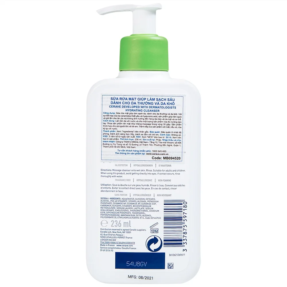Hình ảnh Sữa rửa mặt Cerave Hydrating Cleanser giúp làm sạch sâu dành cho da thường, da khô (236ml)