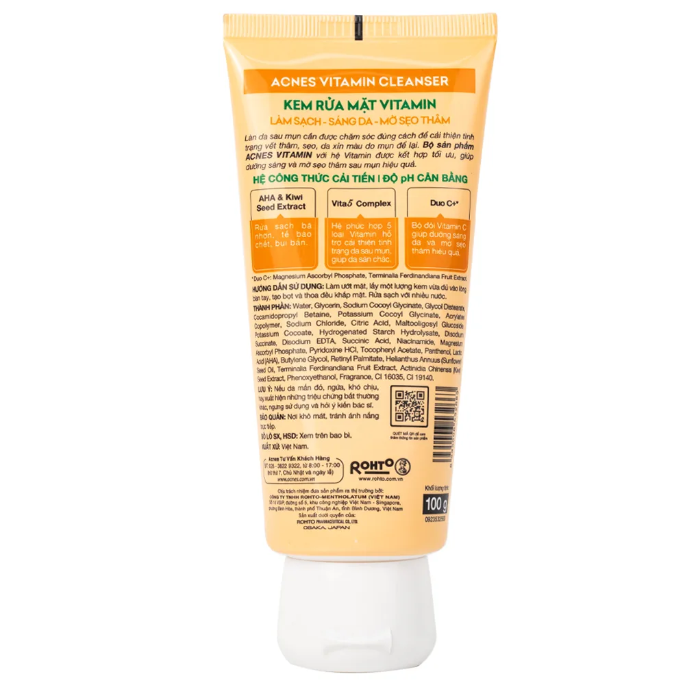 Hình ảnh Kem rửa mặt Acnes Vitamin Cleanser Rohto phục hồi làn da sau mụn, mờ sẹo và giảm nhanh thâm mụn (100g)