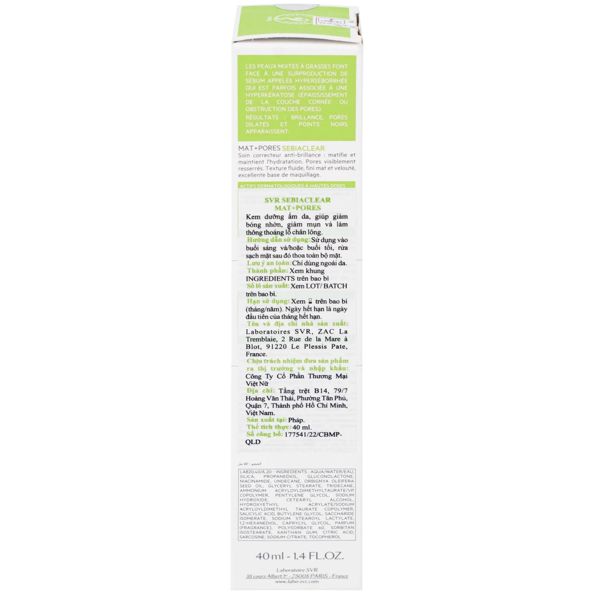 Hình ảnh Kem SVR Sebiaclear Mat And Pores điều hòa bã nhờn, dưỡng ẩm, thu nhỏ lỗ chân lông (40ml)