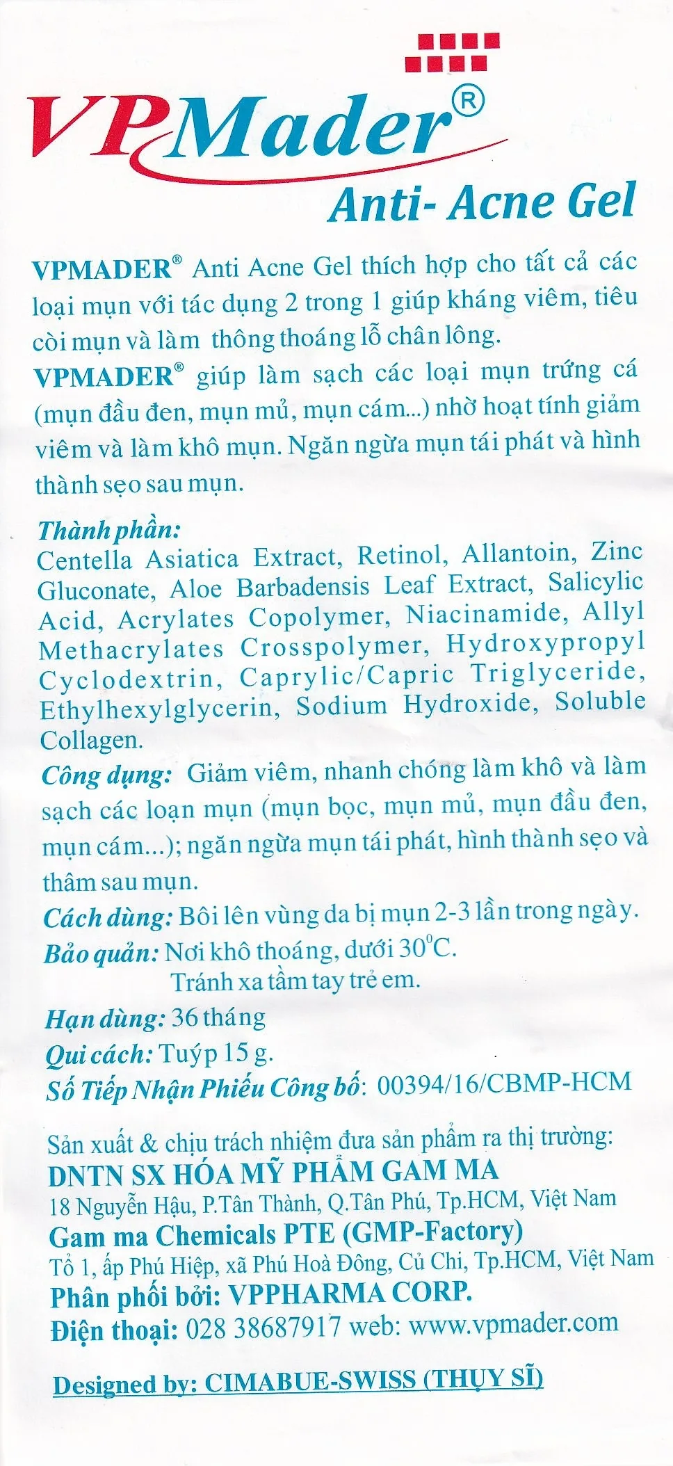 Hình ảnh Gel VP Mader 15g Gamma làm khô và hỗ trợ trị các loại mụn bọc, mụn mủ, mụn đầu đen