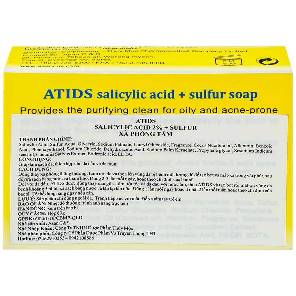 Hình ảnh Xà phòng tắm Atids Salicylic Acid 2% + Sulfur làm sạch da, thích hợp cho da dầu, da mụn (80g)