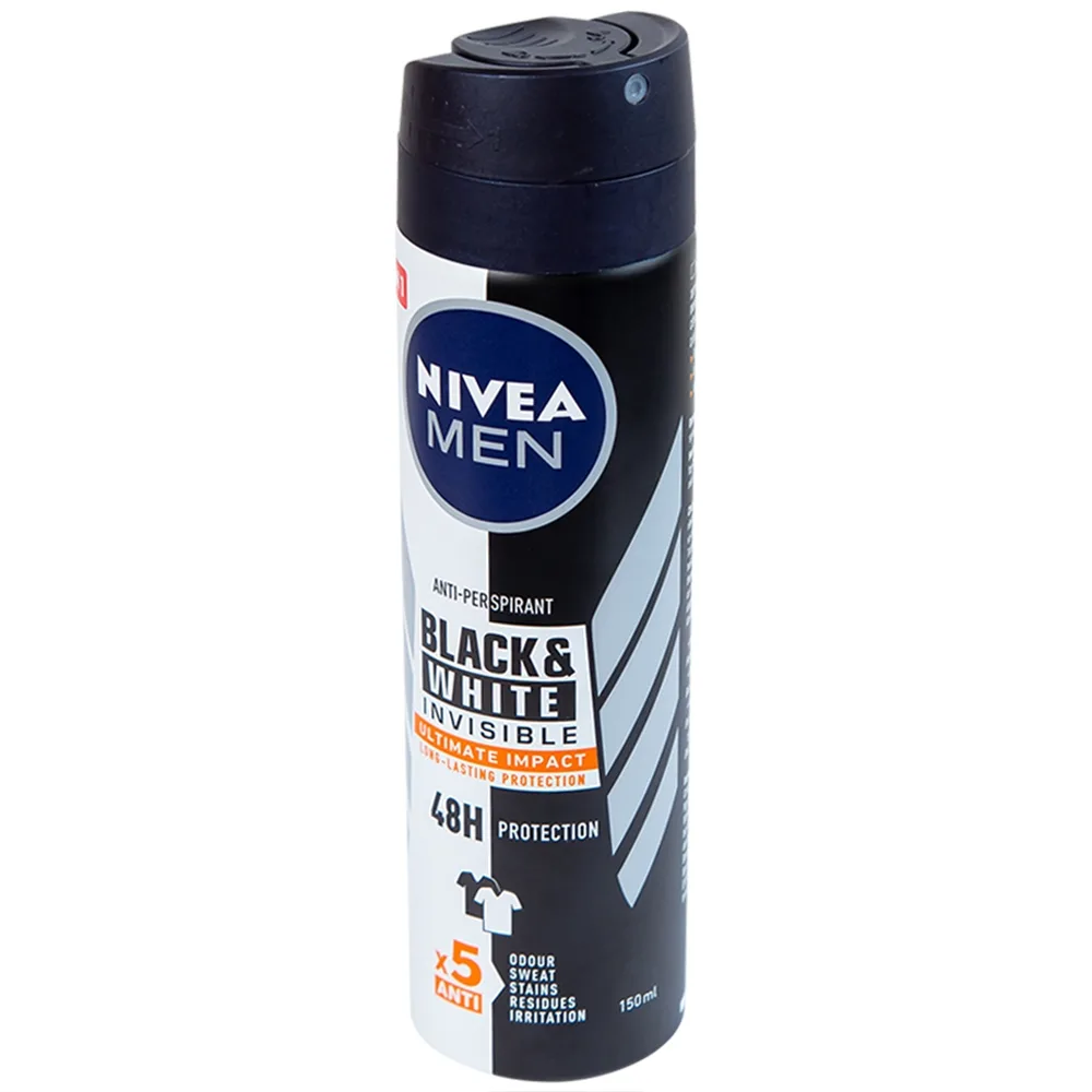 Hình ảnh Xịt ngăn mùi Nivea Men Black & White Invisible Ultimate Impact giảm vết ố vàng, mồ hôi và mùi trong 48h (150ml) 