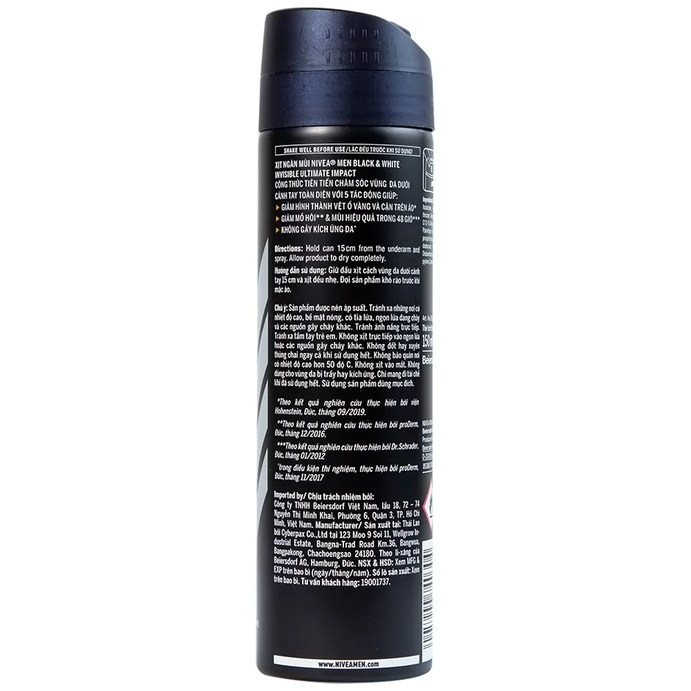 Hình ảnh Xịt ngăn mùi Nivea Men Black & White Invisible Ultimate Impact giảm vết ố vàng, mồ hôi và mùi trong 48h (150ml) 