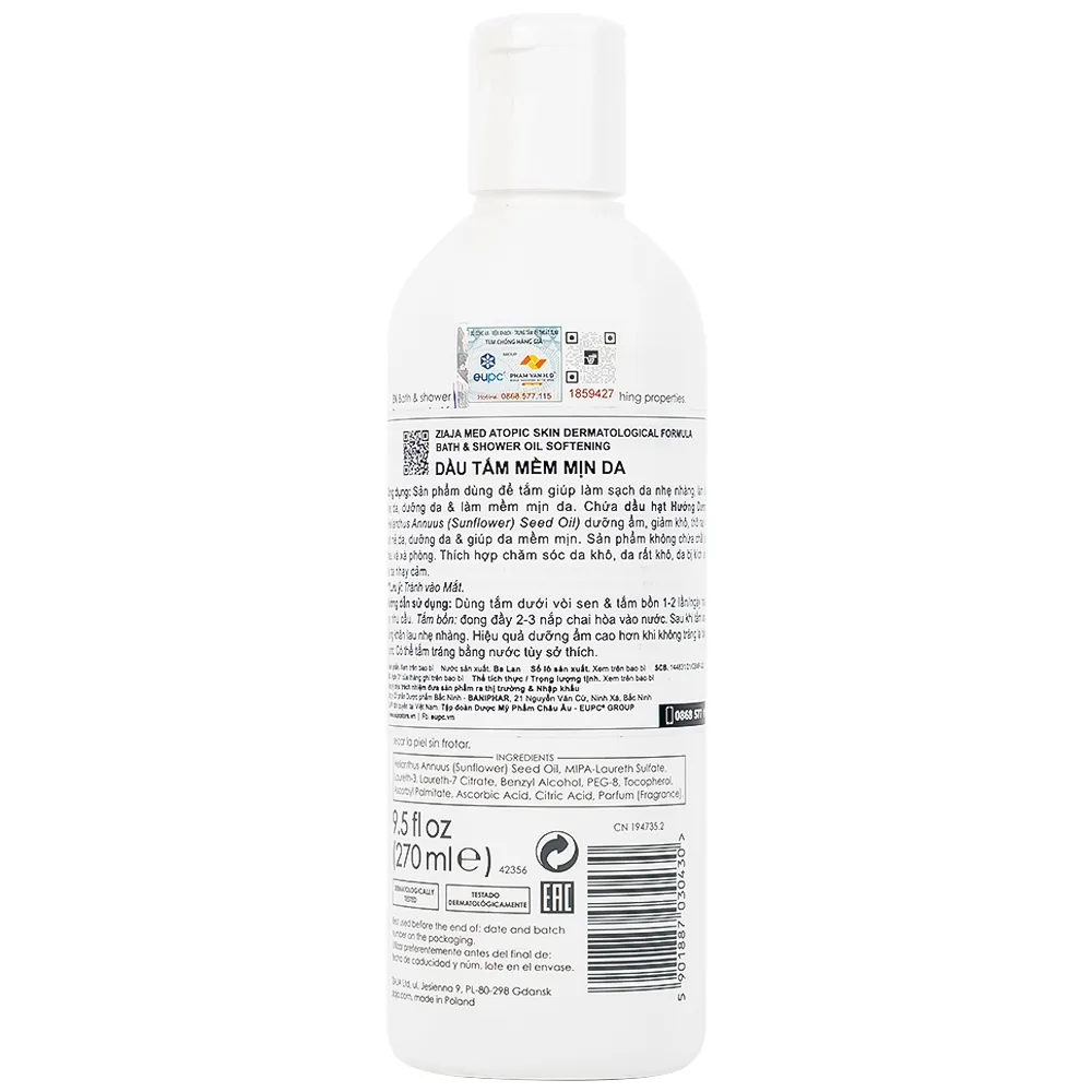 Hình ảnh Dầu tắm Ziaja Med Atopic Skin giúp làm sạch da dịu nhẹ, dưỡng da và làm mềm mịn da (270ml)