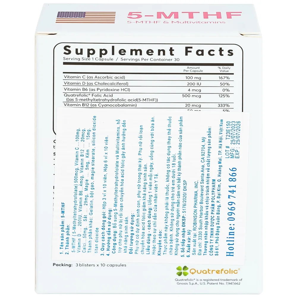 Hình ảnh Viên uống 5-MTHF Robinson Pharma hỗ trợ cho phụ nữ bị rối loạn chuyển hóa acid folic (3 vỉ x 10 viên)