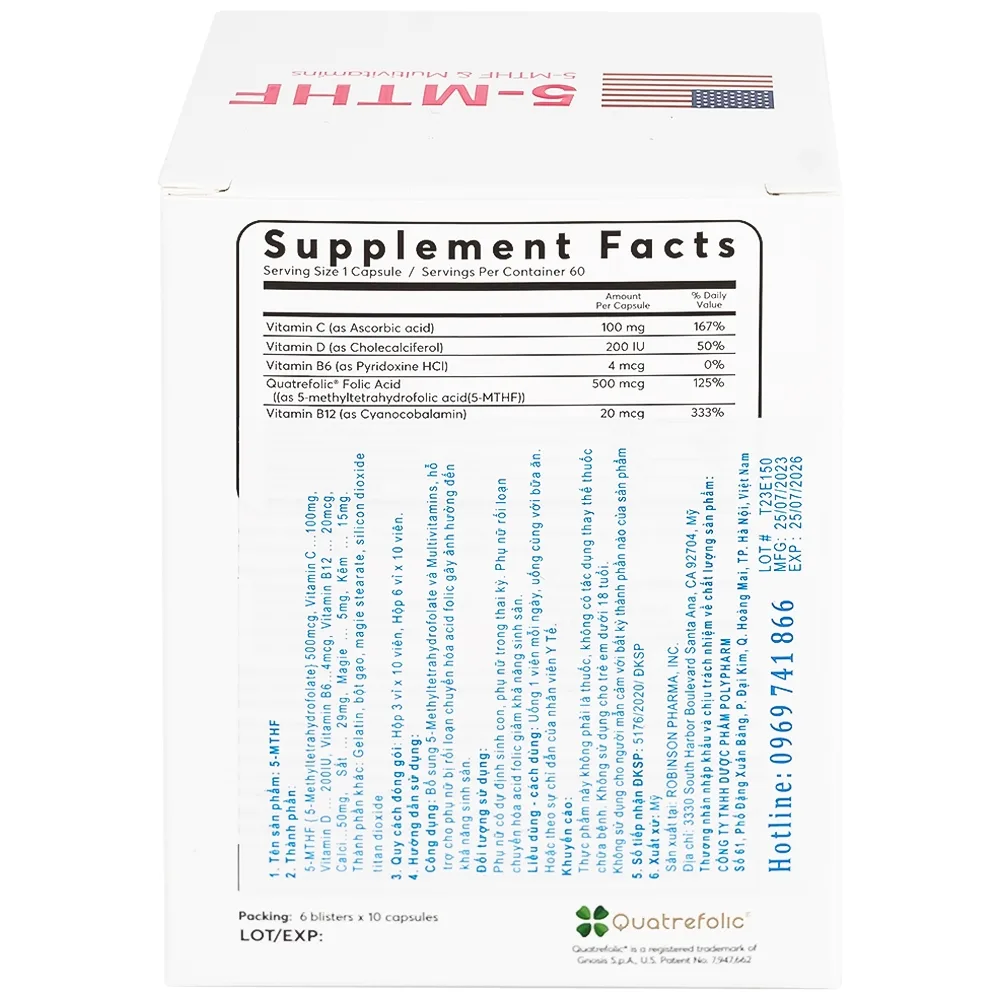 Hình ảnh Viên uống 5-MTHF Robinson Pharma bổ sung vitamin, khoáng chất cho nữ mang thai (60 viên)