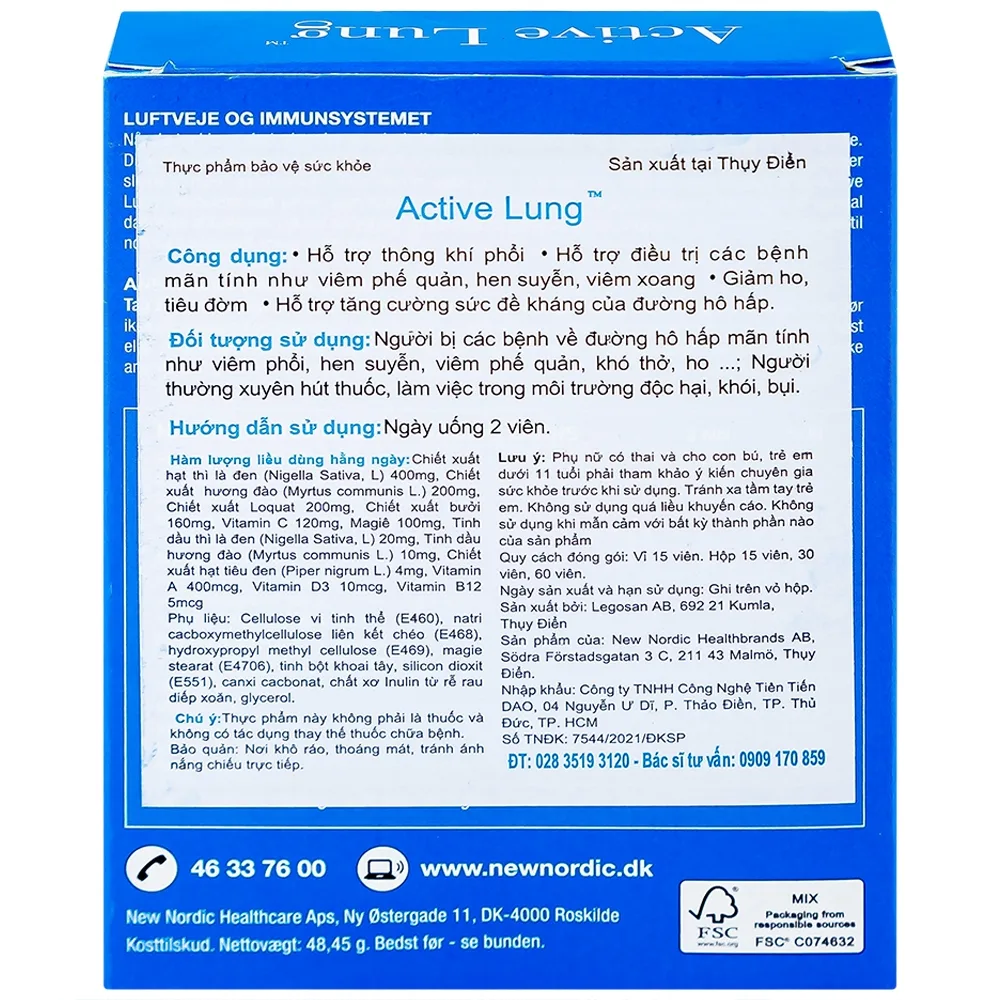 Hình ảnh Viên uống Active Lung New Nordic hỗ trợ thông khí phổi, viêm phế quản, hen suyễn (2 vỉ x 15 viên)
