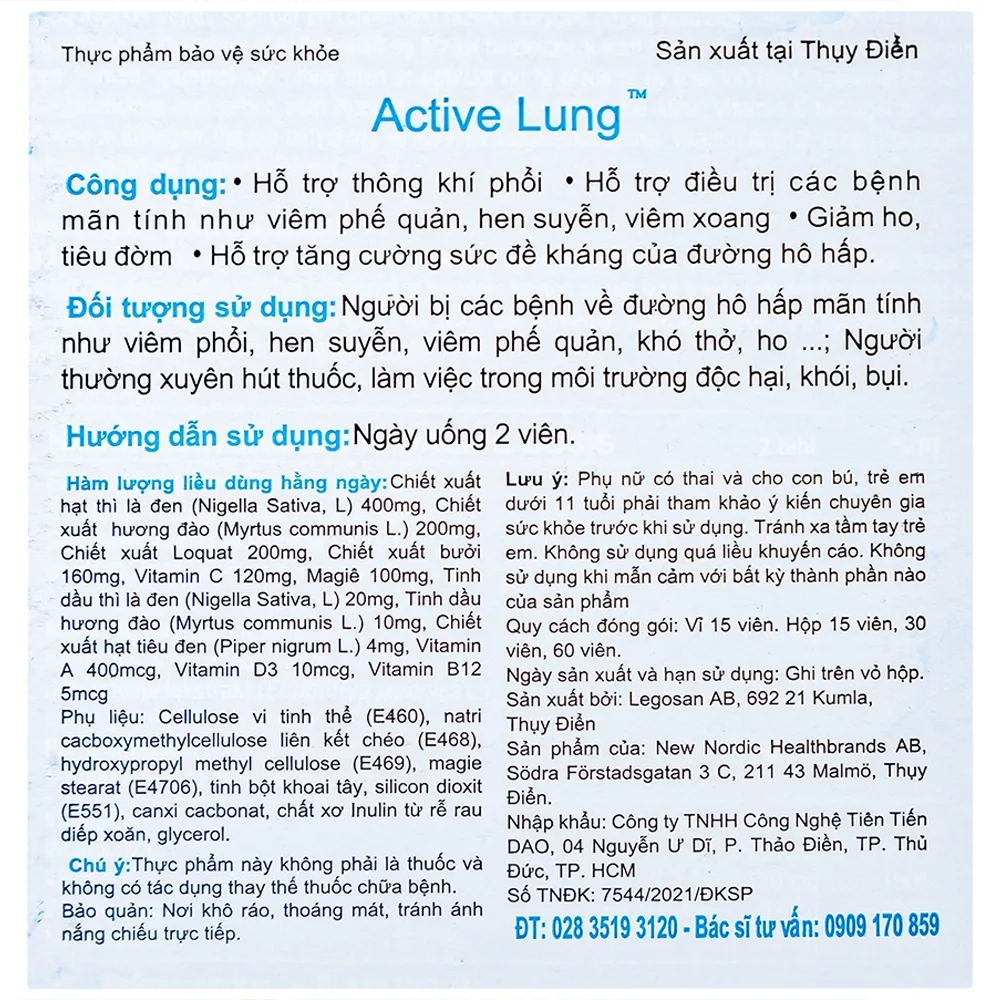 Hình ảnh Viên uống Active Lung New Nordic hỗ trợ thông khí phổi, viêm phế quản, hen suyễn (2 vỉ x 15 viên)
