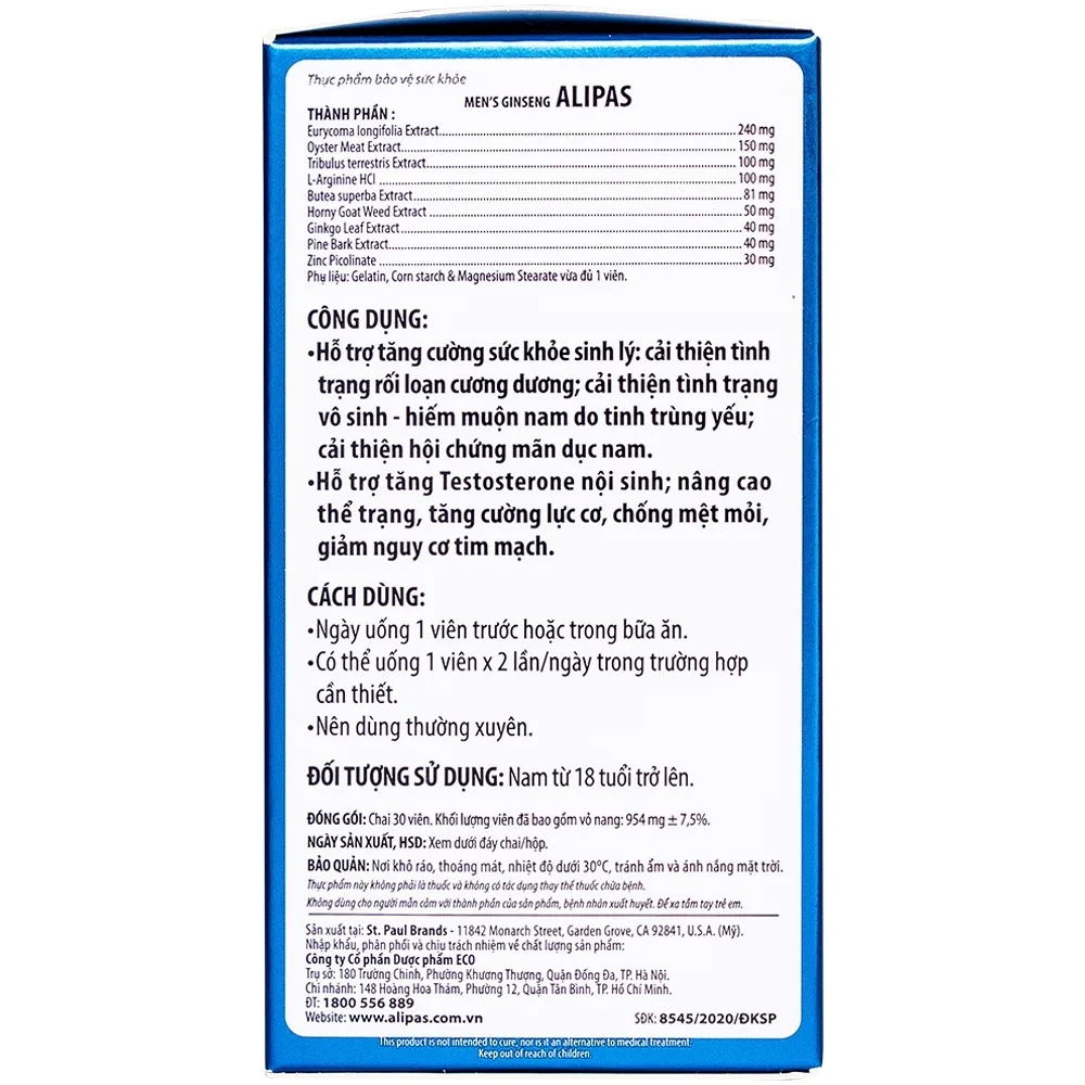 Hình ảnh Viên uống Men’s Ginseng Alipas Ecogreen tăng cường sinh lực phái mạnh (30 viên)
