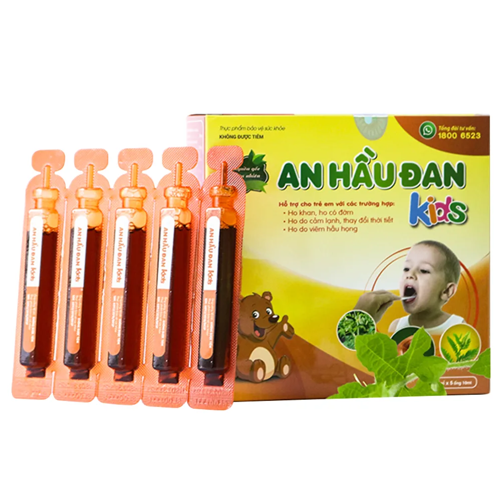 Hình ảnh Dung dịch An Hầu Đan Kids hỗ trợ điều trị ho khan, ho có đờm, ho do cảm lạnh cho trẻ (2 vỉ x 5 ống x 10ml)