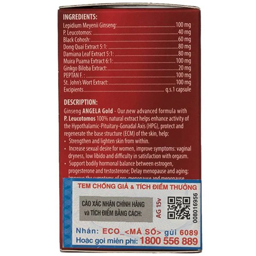 Hình ảnh Viên uống sâm Angela Gold Ecogreen hỗ trợ làn da căng sáng, tăng cường sinh lý nữ (15 viên)