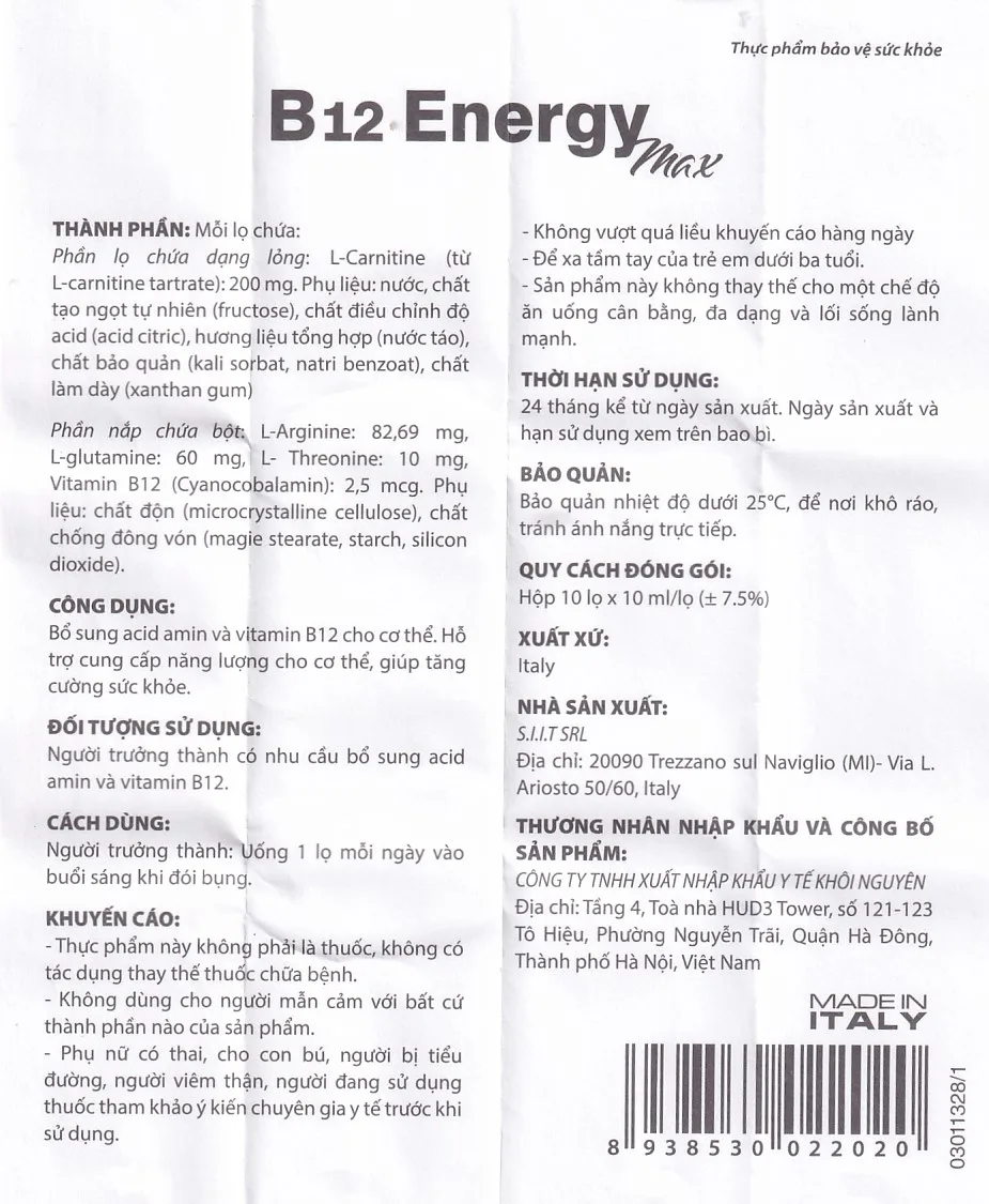 Hình ảnh Dung dịch uống B12 Energy Max Italy bổ sung acid amin và vitamin B12 cho cơ thể (10 lọ x 10ml)