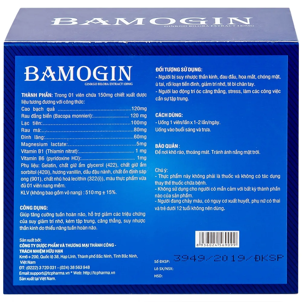 Hình ảnh Viên uống Bamogin Thành Công tăng cường tuần hoàn não, cải thiện trí nhớ (6 vỉ x 10 viên)