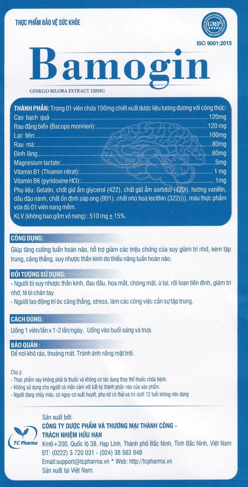 Hình ảnh Viên uống Bamogin Thành Công tăng cường tuần hoàn não, cải thiện trí nhớ (6 vỉ x 10 viên)