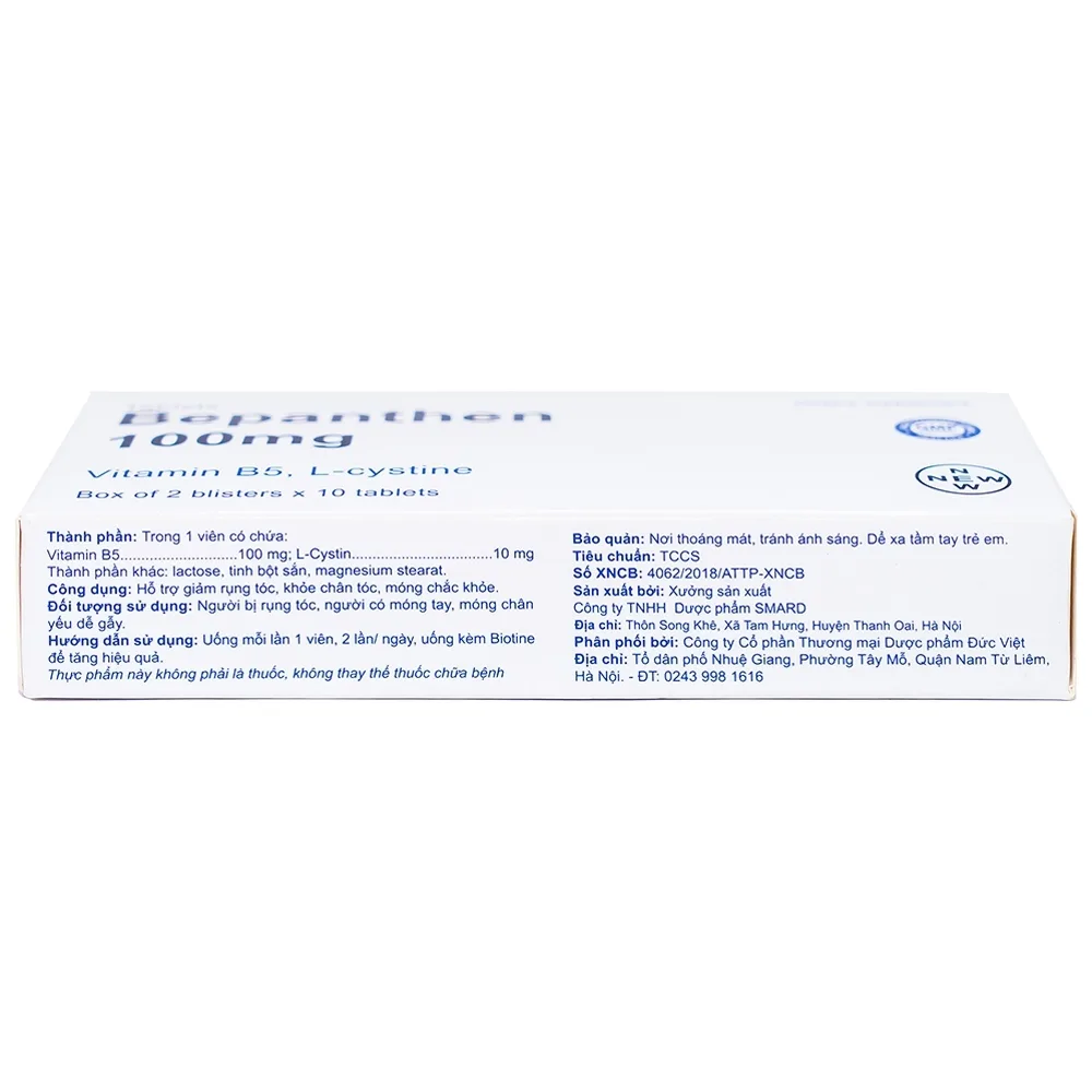 Hình ảnh Viên uống Bepanthen 100mg Smard hỗ trợ giảm rụng tóc, khỏe chân tóc, móng chắc khỏe (2 vỉ x 10 viên)