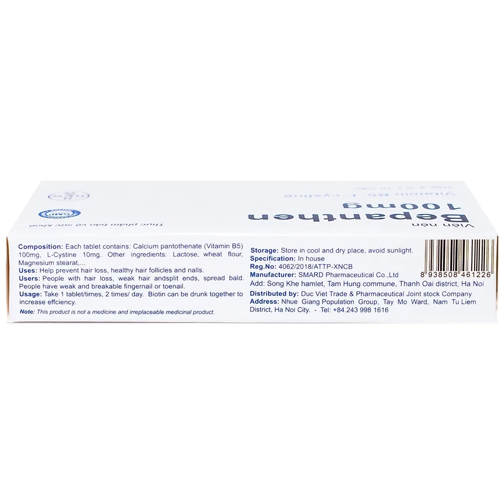 Hình ảnh Viên uống Bepanthen 100mg Smard hỗ trợ giảm rụng tóc, khỏe chân tóc, móng chắc khỏe (2 vỉ x 10 viên)