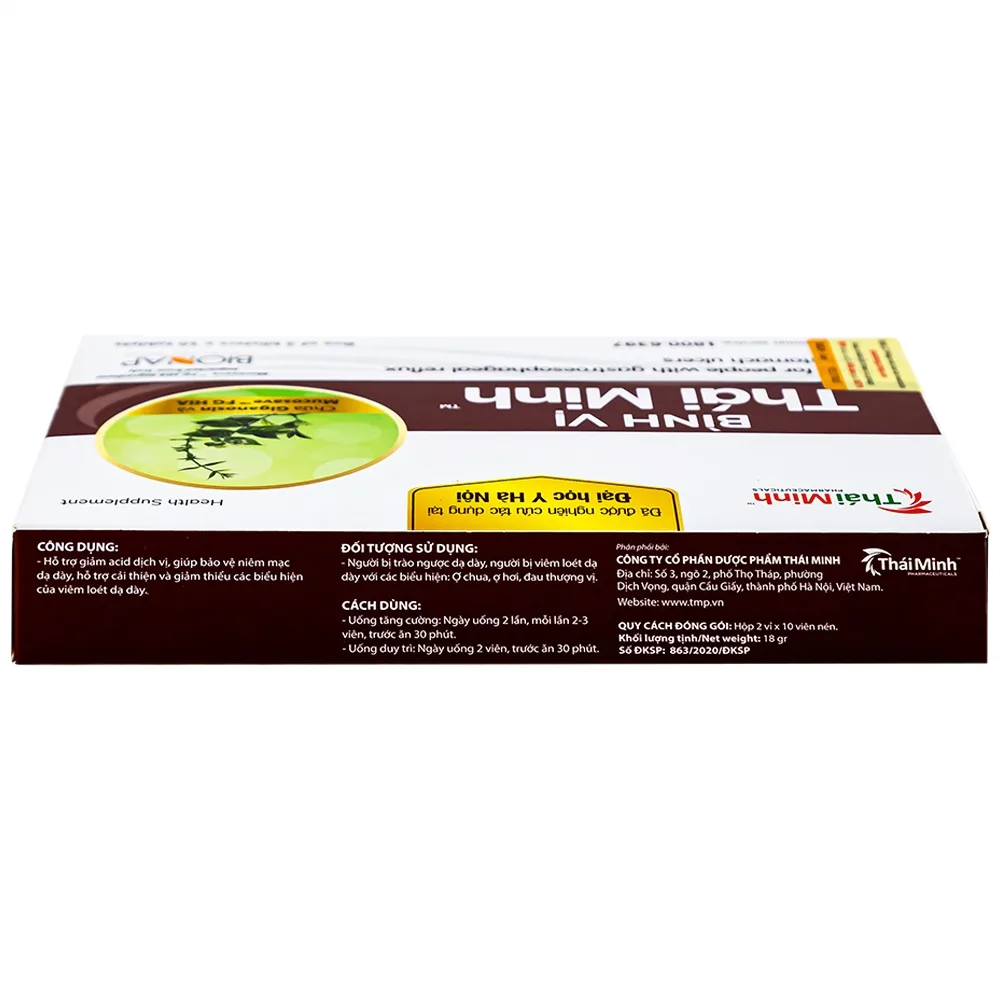 Hình ảnh Viên uống Bình Vị Thái Minh hỗ trợ giảm acid dịch vị, giúp bảo vệ niêm mạc dạ dày (2 vỉ x 10 viên)