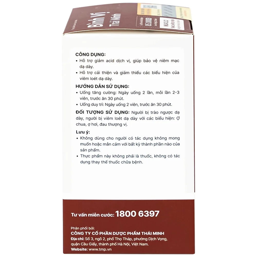Hình ảnh Viên uống Bình Vị Thái Minh hỗ trợ giảm acid dịch vị, giúp bảo vệ niêm mạc dạ dày (80 viên)