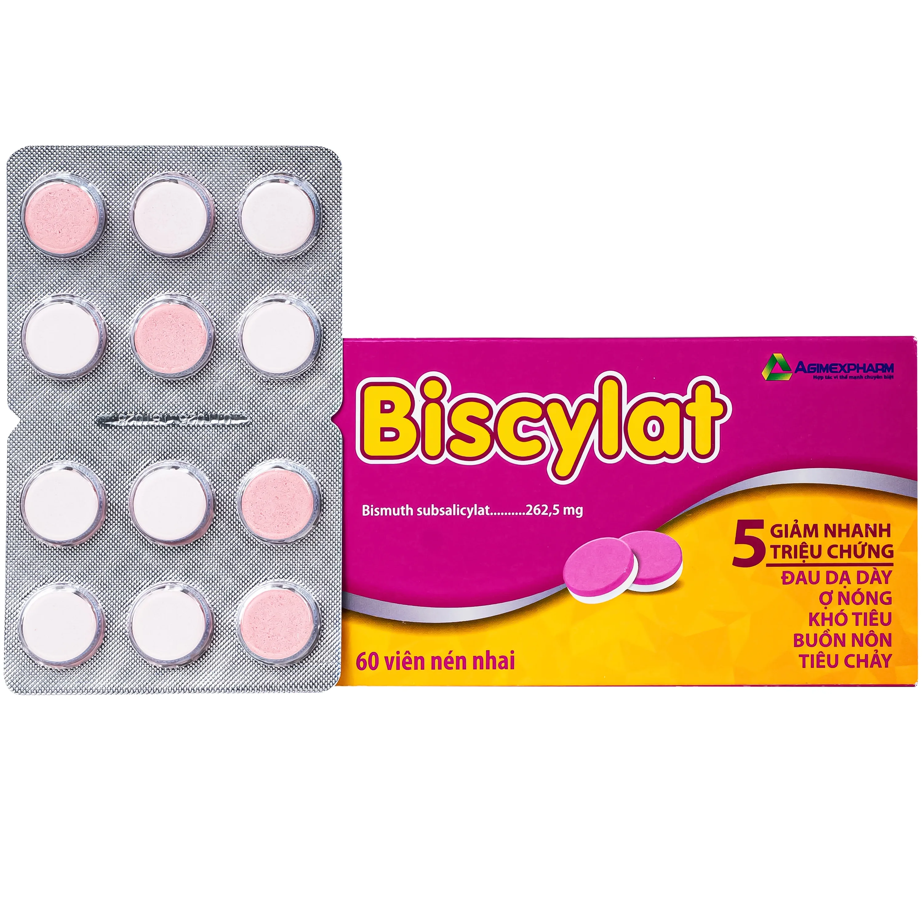 Hình ảnh Viên nhai Biscylat 262.5mg Agimexpharm giảm triệu chứng ợ nóng, đau dạ dày, điều trị tiêu chảy (5 vỉ x 12 viên)
