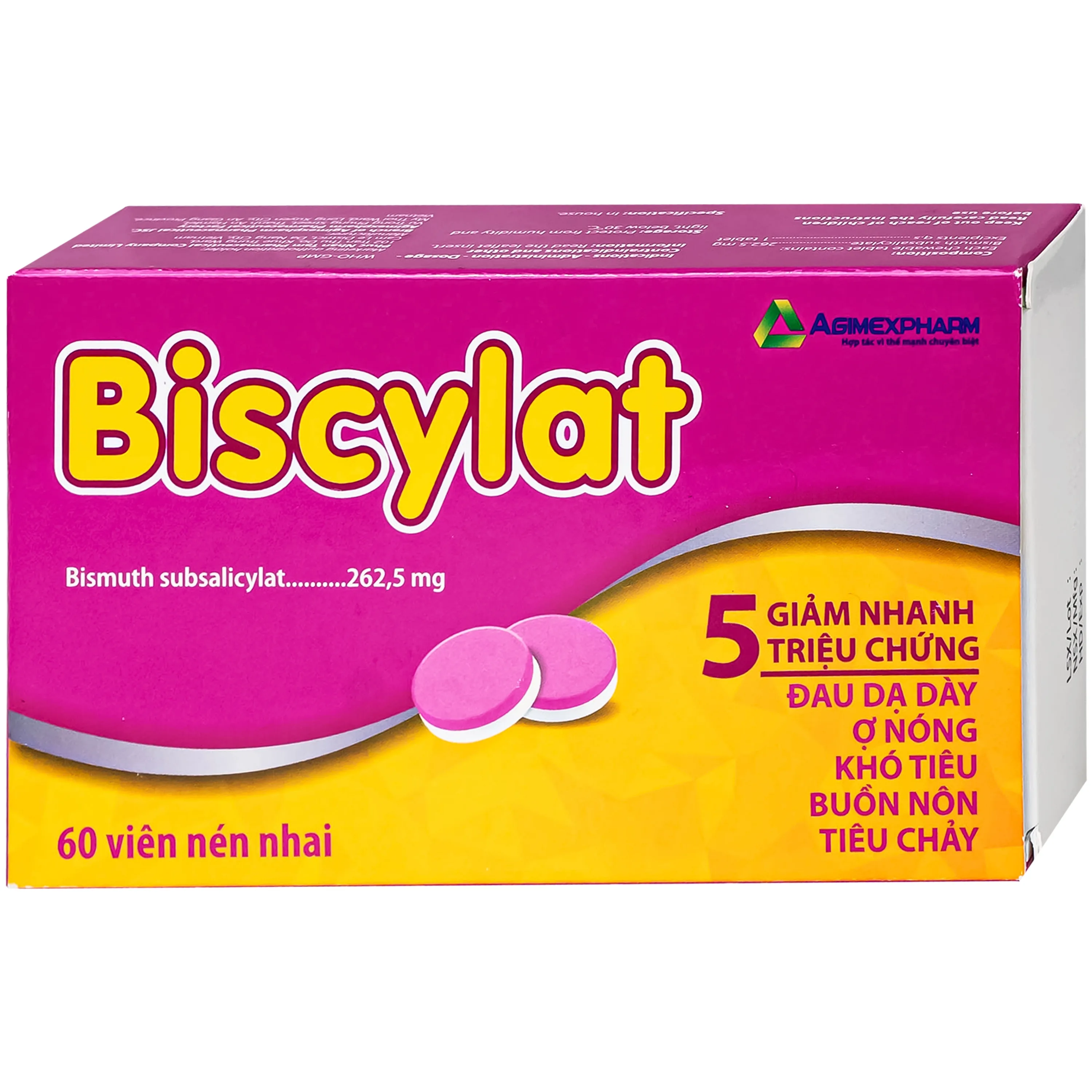 Hình ảnh Viên nhai Biscylat 262.5mg Agimexpharm giảm triệu chứng ợ nóng, đau dạ dày, điều trị tiêu chảy (5 vỉ x 12 viên)