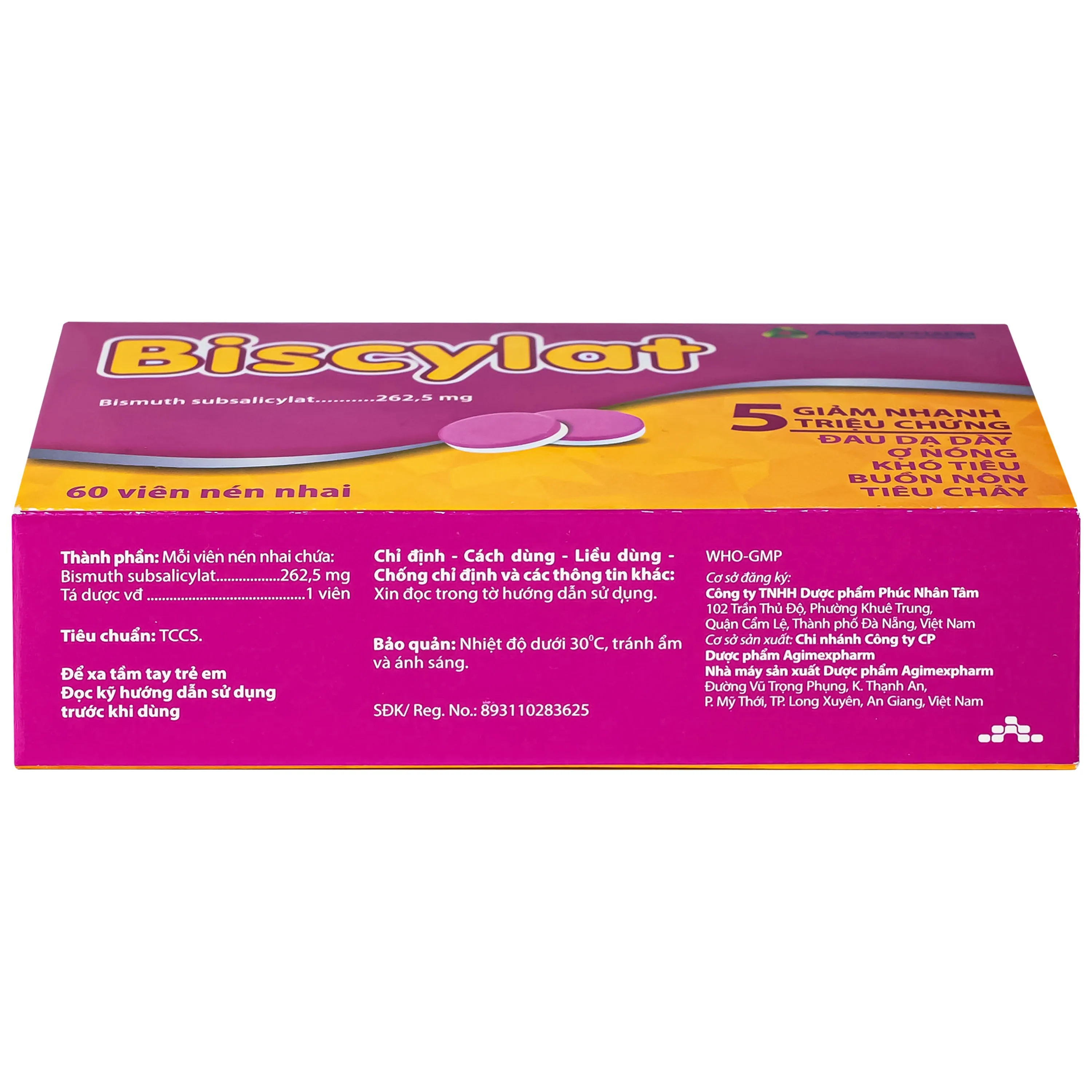 Hình ảnh Viên nhai Biscylat 262.5mg Agimexpharm giảm triệu chứng ợ nóng, đau dạ dày, điều trị tiêu chảy (5 vỉ x 12 viên)