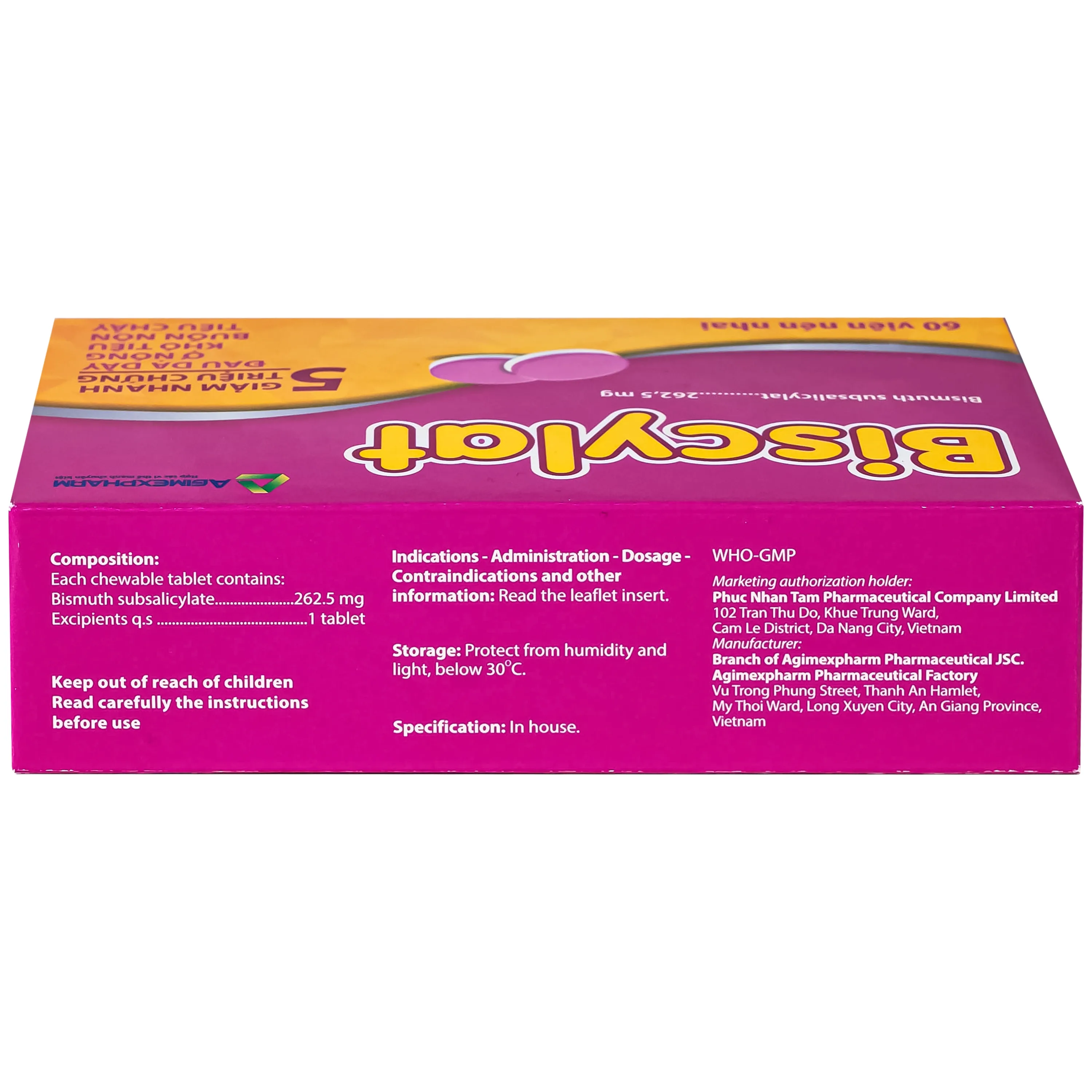Hình ảnh Viên nhai Biscylat 262.5mg Agimexpharm giảm triệu chứng ợ nóng, đau dạ dày, điều trị tiêu chảy (5 vỉ x 12 viên)