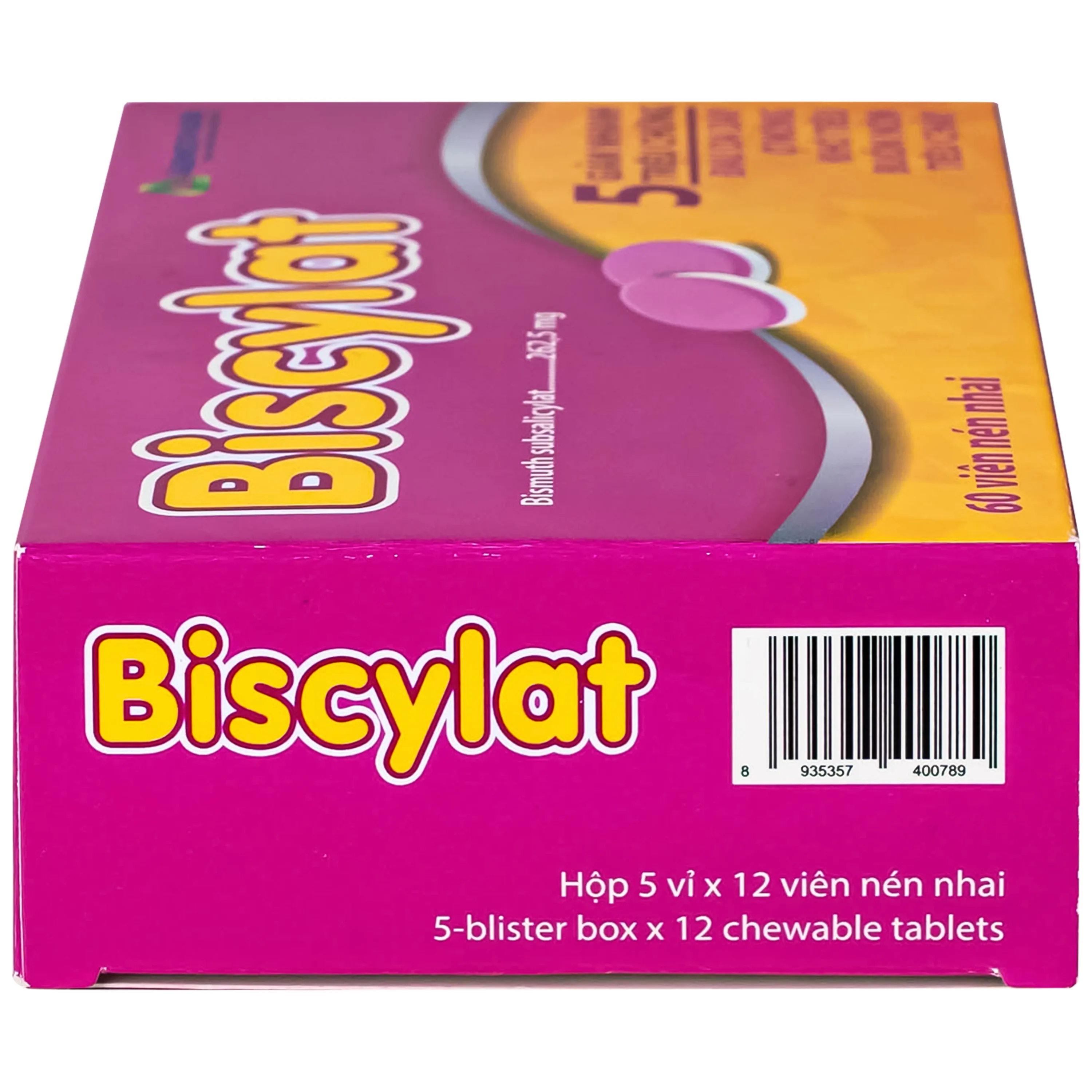 Hình ảnh Viên nhai Biscylat 262.5mg Agimexpharm giảm triệu chứng ợ nóng, đau dạ dày, điều trị tiêu chảy (5 vỉ x 12 viên)