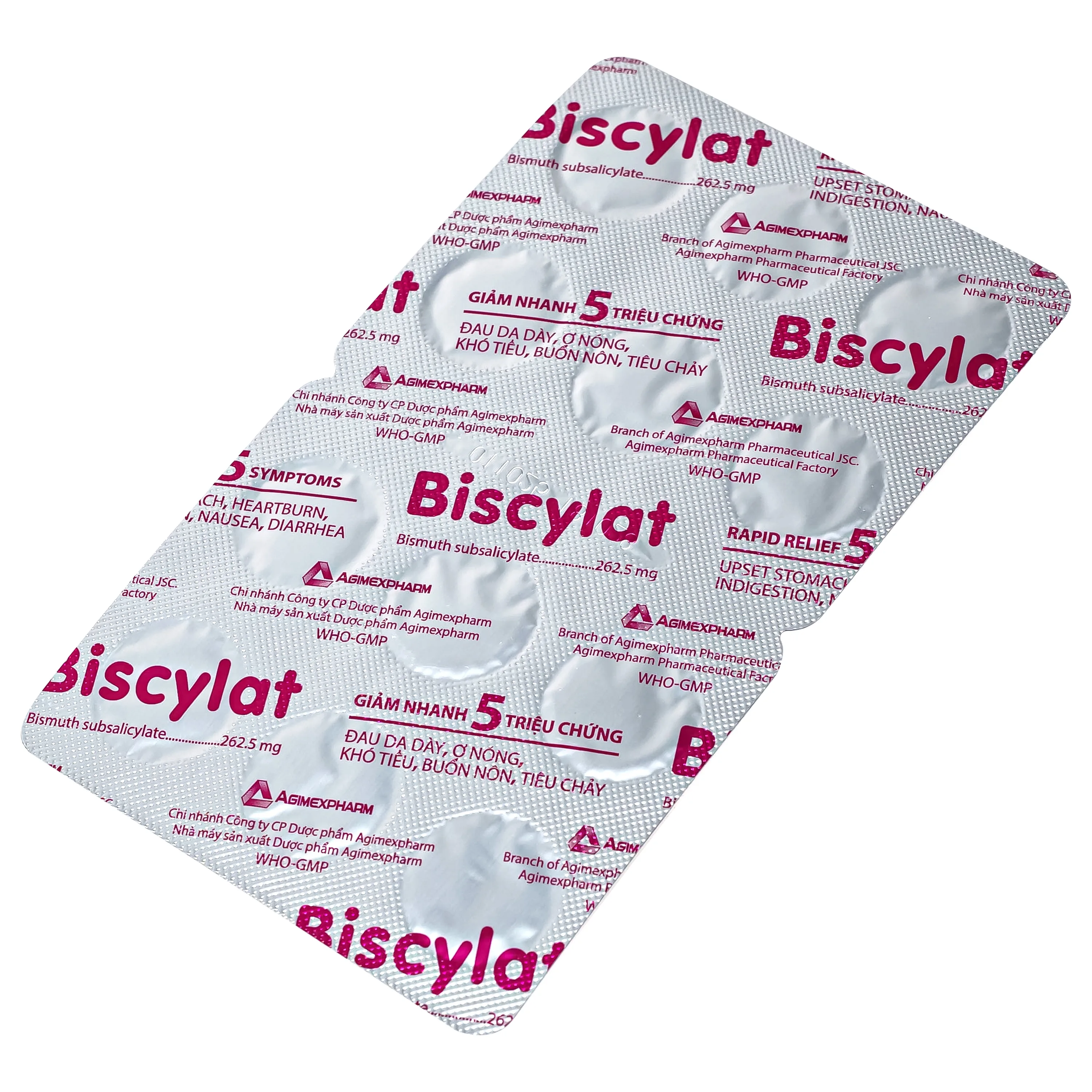 Hình ảnh Viên nhai Biscylat 262.5mg Agimexpharm giảm triệu chứng ợ nóng, đau dạ dày, điều trị tiêu chảy (5 vỉ x 12 viên)