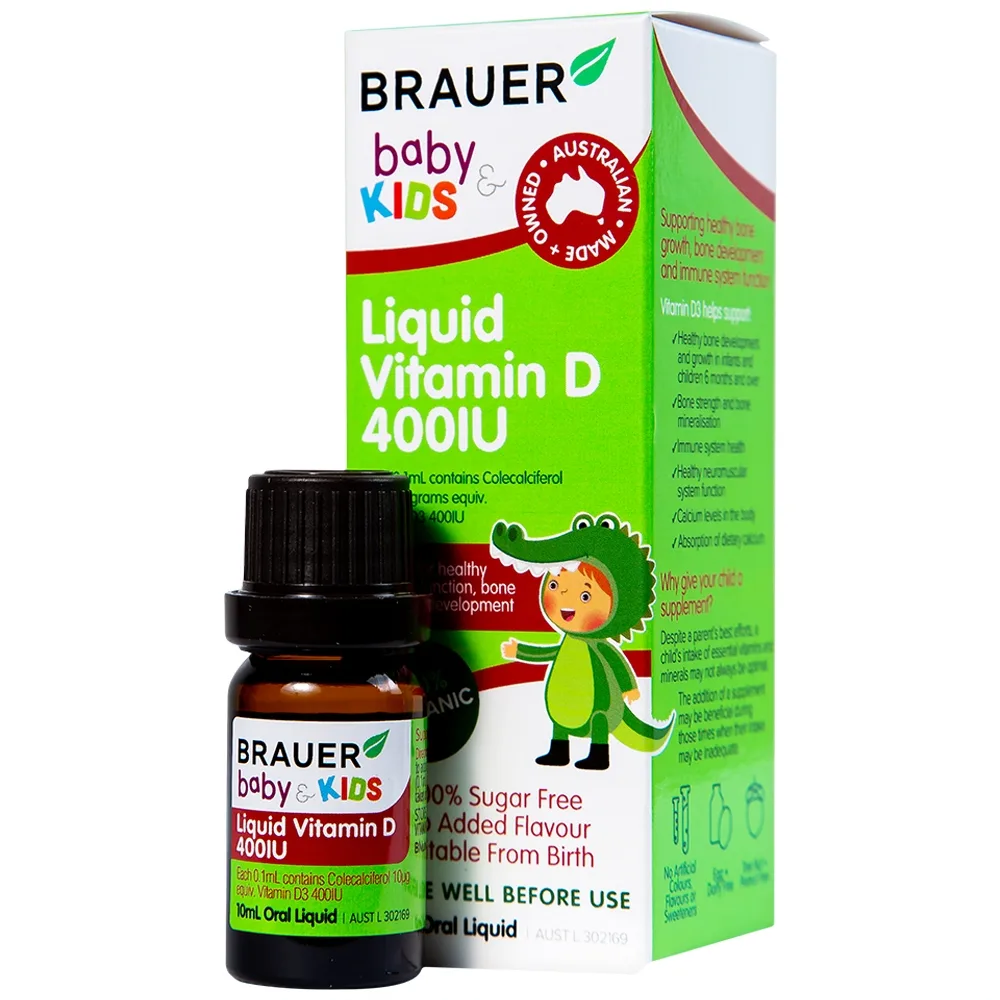 Hình ảnh Siro Brauer Baby Kids Liquid Vitamin D 400IU bổ sung vitamin D3, tăng cường hấp thụ canxi (10ml)