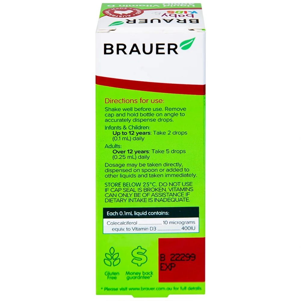 Hình ảnh Siro Brauer Baby Kids Liquid Vitamin D 400IU bổ sung vitamin D3, tăng cường hấp thụ canxi (10ml)