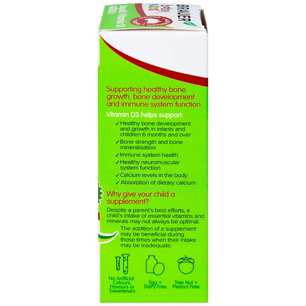 Hình ảnh Siro Brauer Baby Kids Liquid Vitamin D 400IU bổ sung vitamin D3, tăng cường hấp thụ canxi (10ml)